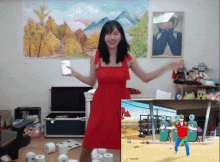a woman in a red dress is standing next to a video game screen