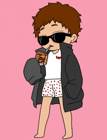 a cartoon drawing of a boy wearing sunglasses and holding a box of mango drink