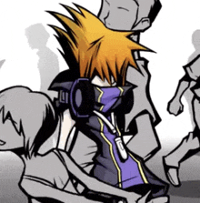 a cartoon character wearing headphones and a purple shirt has the letter l on his chest