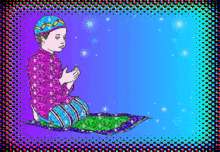 a colorful drawing of a boy praying on a purple and blue background