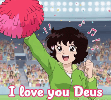 a cheerleader holds up a pink pom pom with the words i love you deus written below her