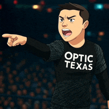 a cartoon of a man wearing an optic texas t-shirt