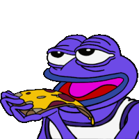 a purple frog is eating a slice of pizza with pepperoni