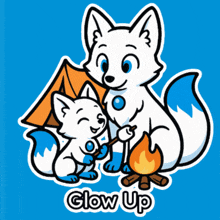 a cartoon of two foxes roasting marshmallows with the words glow up underneath