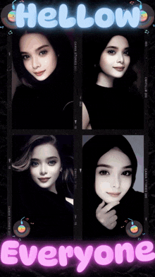 a collage of four pictures of a woman with the words hello everyone below them