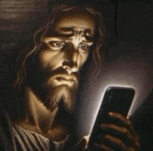 a painting of jesus holding a cell phone in his hand