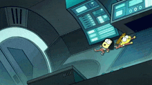 a cartoon of a man and a woman in a room with a display that says ' 00 ' on it