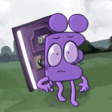 a cartoon drawing of a purple cartoon character standing next to a purple door