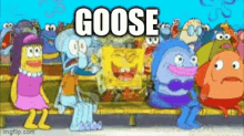 a group of cartoon characters from spongebob squarepants are sitting on a bench with the words `` goose '' written above them .