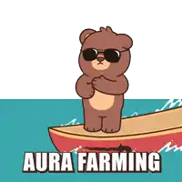 a cartoon bear wearing sunglasses is standing on a boat with the words aura farming below him