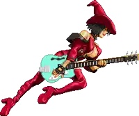 a pixel art of a woman playing a blue guitar