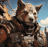 a cartoon drawing of a fox with a robotic suit on
