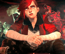 a woman with red hair and bandaged arms is sitting down