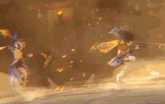 a video game character is fighting another character with a spear .