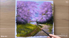 a person is painting a landscape with purple flowers and the words wow art above it