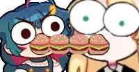 a cartoon girl with big eyes is eating a hamburger next to another girl