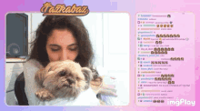 a woman is holding a small dog in front of a purple background that says " fatkabaz "