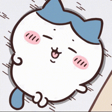 a cartoon drawing of a cat with a blue ear and a pink nose
