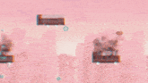 a pink background with a few buildings and a large object in the sky
