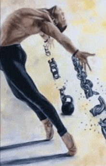 a painting of a man breaking a chain with his hands