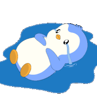 a blue and white penguin is laying in a puddle of water and crying