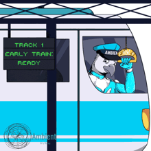 a cartoon of a bird holding a sign that says " early train "
