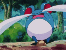 a blue and white cartoon character is crying with tears coming out of its eyes