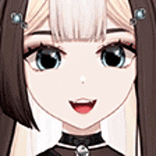 a close up of a cartoon girl 's face with long hair and a choker on her neck .