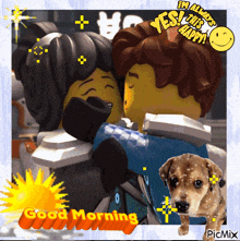 a picture of a man and a woman hugging with the words " good morning " on the bottom