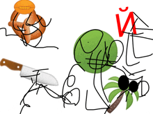 a drawing of a pretzel a knife and a green ball with the letter i written in red