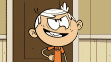 lincoln loud from the loud house is smiling and standing in front of a door