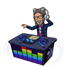 a cartoon of a man wearing headphones playing music at a table