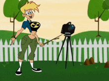 a cartoon character is standing in front of a tripod camera