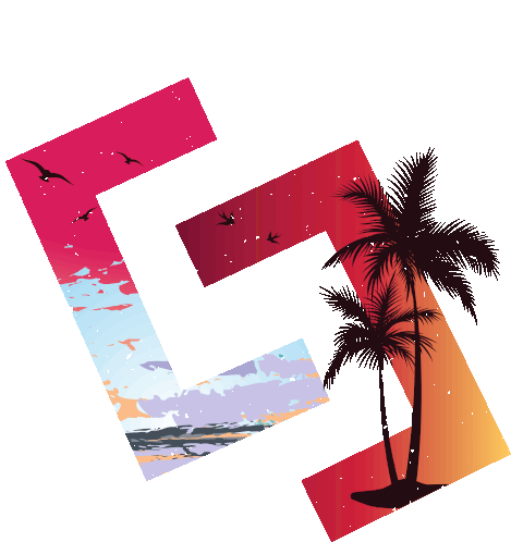 the letter l is surrounded by a palm tree and seagulls