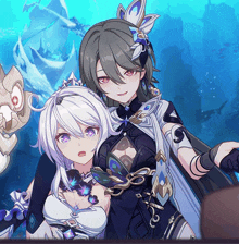 a couple of anime characters standing next to each other with one having purple eyes