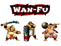 a video game character holding a sword and a shield with the word wan-fu above them