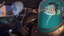 a cartoon character is sitting in the back seat of a car next to a cartoon character in a helmet