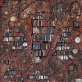 a painting of a library with gears and clocks with pixiz written in the bottom right corner