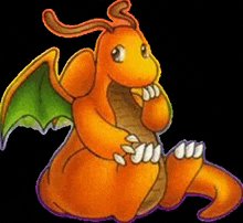 a cartoon of an orange dragon with green wings