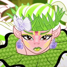 a cartoon drawing of a girl with green hair