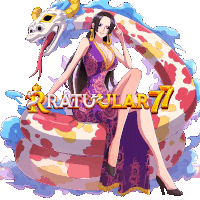 a woman in a purple dress sits on a snake with the words " ratu ular 77 " written above her