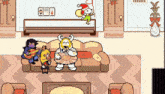 a group of people are sitting on a couch in a living room in a pixel art video game .