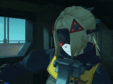 a video game character with a red eye and a triangle on her head