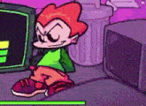 a cartoon character is sitting on the floor next to a trash can and a television .