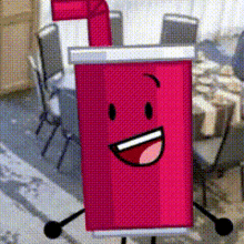 a cartoon character with arms and legs is standing in a room with a table and chairs .
