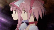 two anime girls with pink hair are standing next to each other and smiling