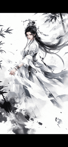a black and white painting of a woman with long hair