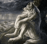 a white wolf is sitting under a tree on a rock looking at the ocean .
