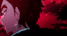 a close up of a person with red hair and red eyes