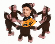 a man with a monster energy shirt on is surrounded by pink monkeys